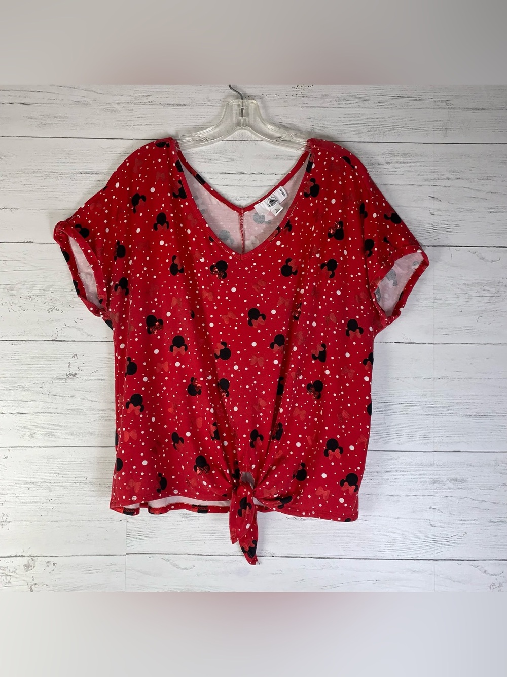 Disney Park Blouse Womens Size large Red Minnie  Short Sleeve Front Tied Knot